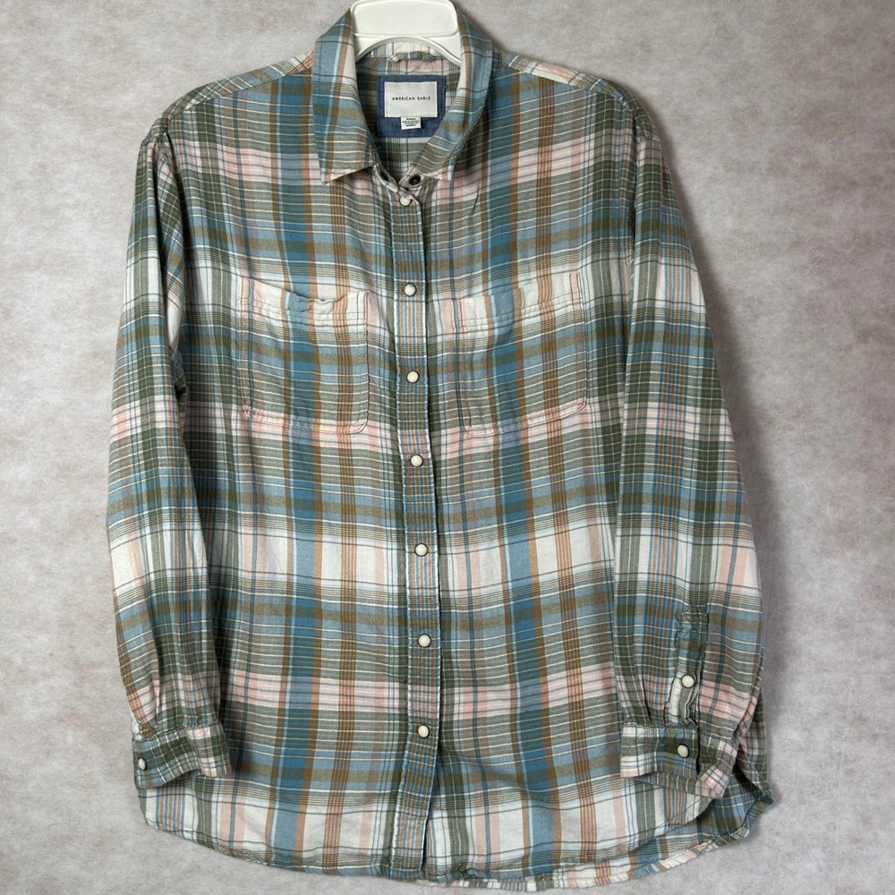 American Eagle Womens Plaid Snap Front Flannel Shirt Blue Pink Green Size M - Picture 2 of 9